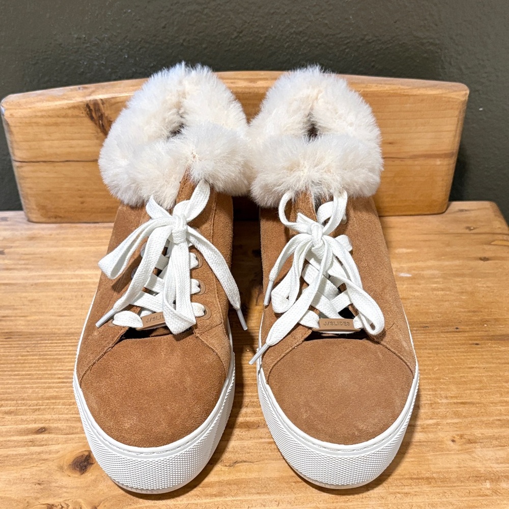 J/SLIDES Tan Suede Fur-Lined Sneakers